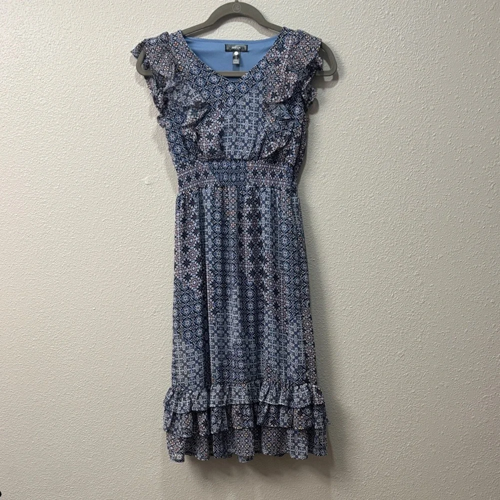 Aqua Patterned Ruffle Dress - Picture 1 of 7